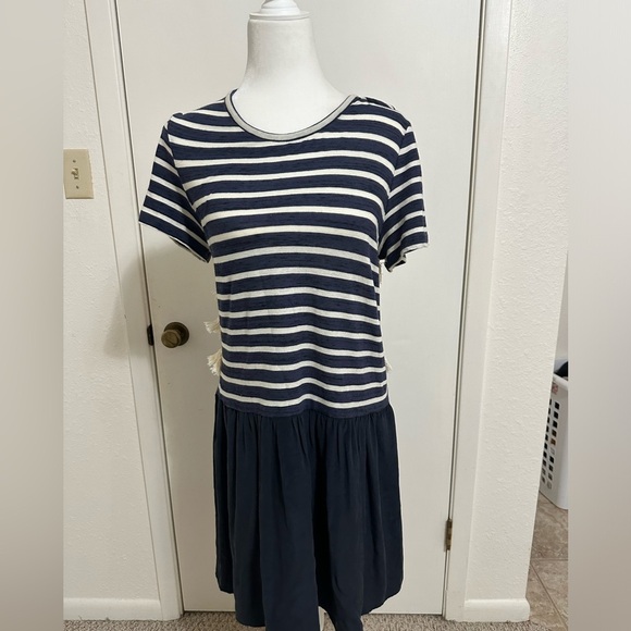 Sea New York Navy Striped Fringe Open Back Silk Knee Length Casual Dress Sz M - Picture 1 of 7
